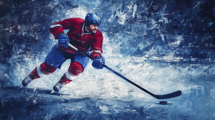 A hockey player in red and blue uniform is skating on ice, holding a hockey stick and preparing to hit the puck. The background is dynamic, emphasizing the motion and intensity of the game.