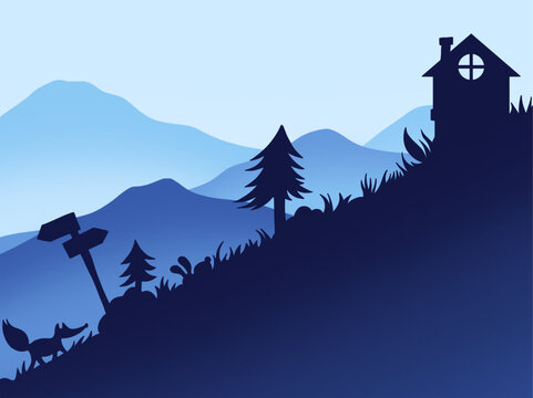 Silhouette vector of forest hill landscape with fox, trees, and cabin in blue gradient tones