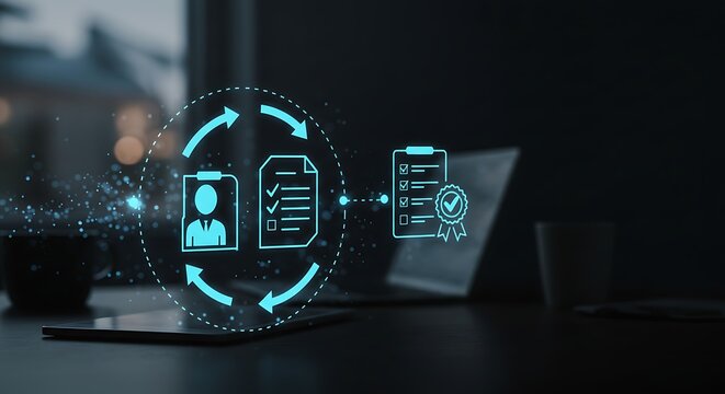 Digital Human Resources Process Depicted with Glowing Blue Icons