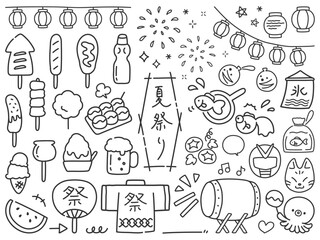 Fototapeta premium 夏祭りの手描きアイコンセット03