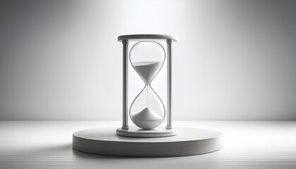 minimalist white hourglass on platform against a white background with soft light use for concepts of time deadlines or product presentation with a clean look