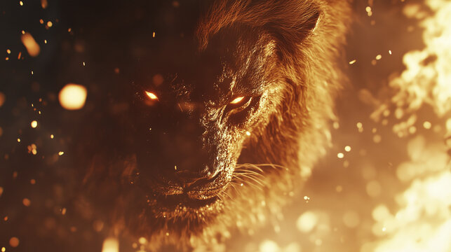 A fierce wolf with glowing eyes, surrounded by fire and sparks, symbolizing power and destruction.