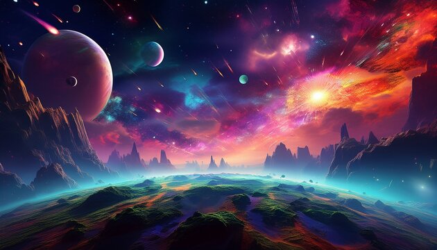 space landscape alien planet exploding galaxy with meteors and clouds alien world horizon