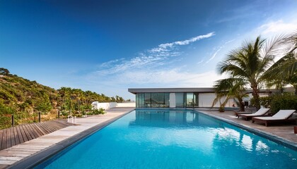 Fototapeta premium pool summer luxury modern beach home resort swimming water hotel garden villa pool summer luxury house exterior design background swim view interior spa poolside vacation outdoor architecture palm