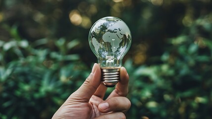 Hand Holding Light Bulb with Earth Inside, Symbolizing Renewable Energy, Sustainability, and Environmental Conservation