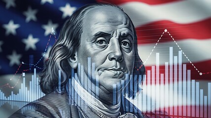 Fototapeta premium Benjamin Franklin Portrait with American Flag and Financial Graph Overlay Representing U.S. Economy and Market Trends