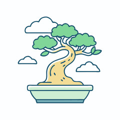 Stylized bonsai tree with clouds in a decorative pot illustration design