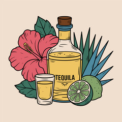 Tequila Bottle with Lime and Hibiscus Floral Illustration