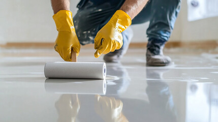 Painter in work clothes and gloves paints the floor with a roller in an apartment. Repair.