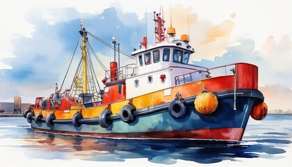 Fototapeta premium tugboat with colorful fenders moored at a dock in watercolor style