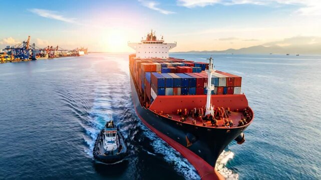 Tugboat guiding large container ship at sunset