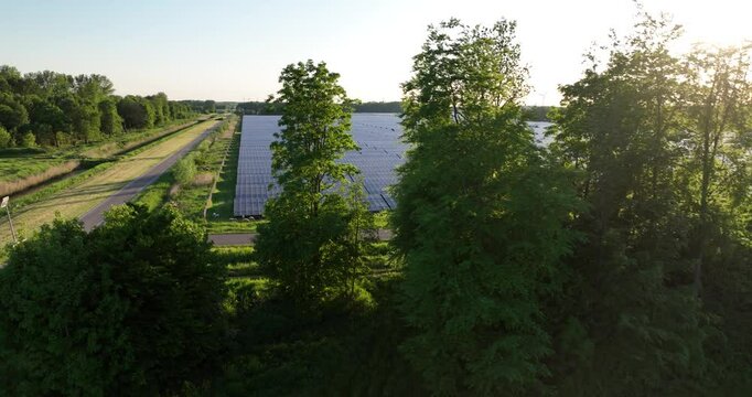 clean energy, solar power, revealing aerial drone view. electricty from the sun. Aerial drone view.