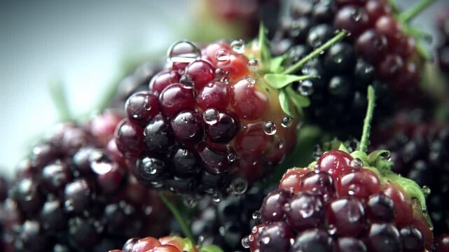 blackberries covered in glistening water droplets, feathers of steam rising as dew rolls off each plump drupe in soft morning light.