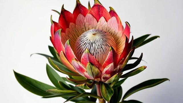 Vibrant protea flower with red and pink petals on green leaves  