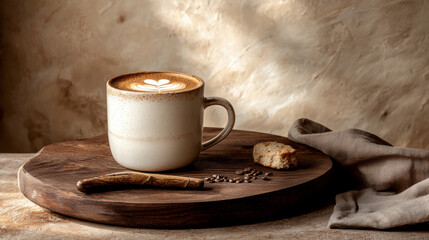 Fototapeta premium High-End Cappuccino with Latte Art in Ceramic Cup on Wooden Table in Cozy Cafe Setting, Warm Light and Minimal Background, Photorealistic Food Photography