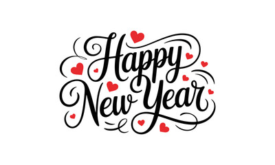 Happy New Year Calligraphy Elegant Black Script with Red Heart Accents