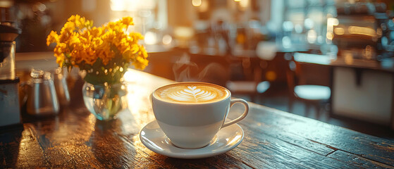 High-End Cappuccino with Latte Art in Ceramic Cup on Wooden Table in Cozy Cafe Setting, Warm Light and Minimal Background, Photorealistic Food Photography