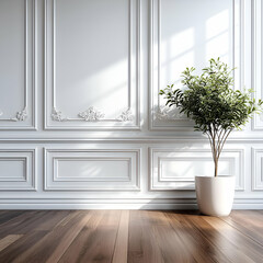 Minimalist interior design featuring elegant wall details and a green plant in a pot, radiating tranquility and sophistication.