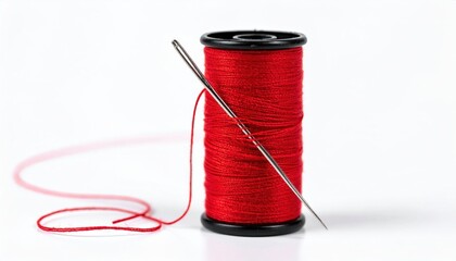 Red Thread Spool With Needle On White Background