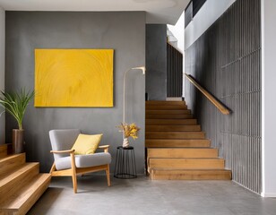 minimalist home interior design of modern living room transitional hallway with yellow artwork on concrete gray wall wooden staircase leads up to area with lounge chair with wooden arms and legs