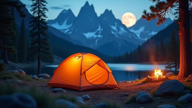 Single camping tent with fireplace on pine trees, mountains, lake and full moon landscape. Suitable for marketing or business purposes