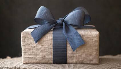 Close-up of an elegant gift box wrapped in burlap and tied with a blue ribbon, with the sun setting behind it
