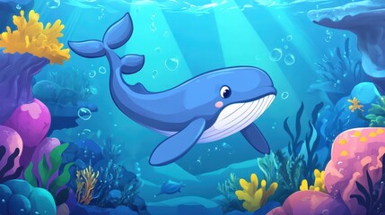 Fototapeta premium underwater cartoon scene showing a cute blue whale and beautiful underwater ocean scenery 