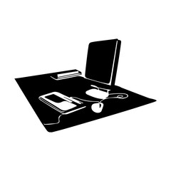 Minimalist Office Desk Setup with Laptop, Tablet, and Accessories – Black and White Vector Illustration