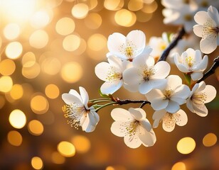 white blossoms against gold bokeh background