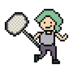 Fototapeta premium Cartoon pixel character cute woman lady exercise training play badminton tennis lifestyle decoration life style 8 bit female girl game badminton 8bit fitness isolated PNG vector.