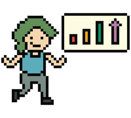 Fototapeta premium Cartoon cute pixel cartoon 8bit character business woman office smart work graph game decoration business 8 bit female lady businesswoman career character png vector.