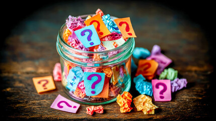 Colorful Question Marks in Jar on Rustic Wooden Table