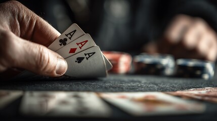 Poker pocket aces hand cinematic depth moody backlighting reflection on glossy table