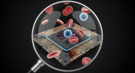 Medical Technology Concept. Digital illustration of blood cells on a microchip under magnification.