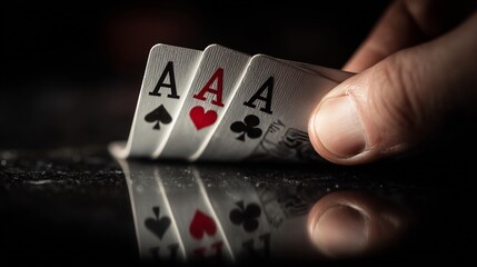 Poker pocket aces hand cinematic depth moody backlighting reflection on glossy table