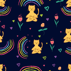 Vector art with yoga cats and colorful doodles on dark background – joyful repeat design for children’s fabric, wallpapers and web projects.