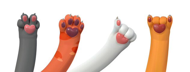 Set of paws with heart in 3d style. Greeting, class, goat, Victoria gesture. Vector illustration