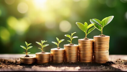 stacks of gold coins with young sprouts growing on top arranged in ascending order concept of successfully investing money and increasing income blurred green nature background