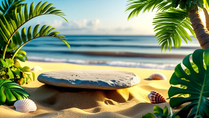 Obraz premium Blue sea and warm sand pedestal background for beauty mockups