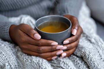 A pair of hands gently cradle a steaming cup of tea, wrapped in a cozy blanket, symbolizing warmth, comfort, and relaxation in a tranquil indoor setting.