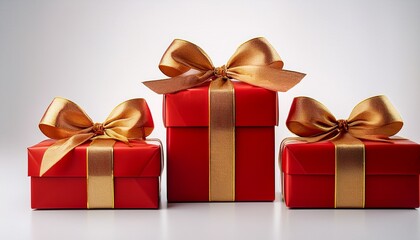 Obraz premium three red gift boxes with gold ribbon bows against a white background on a white or clear surface white background