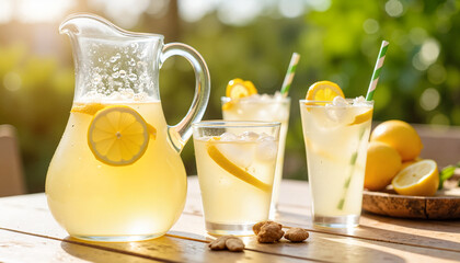 Refreshing lemonade pitcher and glasses on a wooden table outdoors  
