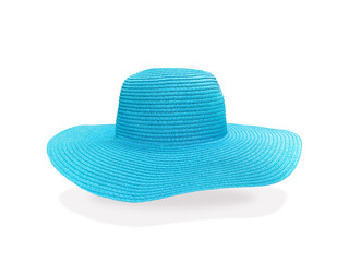 Blue long-brimmed straw hat for women floating on a white background.
