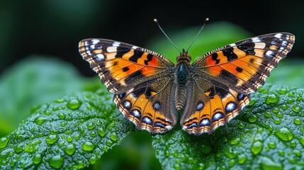 Naklejka premium Vibrant butterfly perched on a dewy leaf