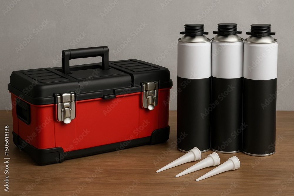 Aufkleber Tool Box With Paint Cans and Applicators Arranged on a Wooden Surface in a Workshop Setting