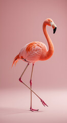 Fototapeta premium Pink flamingo in profile view on a soft pink background. Elegant pose with a detailed, vibrant plumage. Wildlife + educational/nature photography. studio.