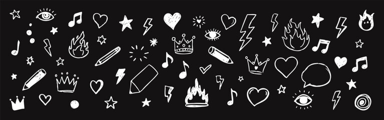 Doodle grunge texture elements. Hand drawn cartoon pencil sketches of decorative icons.