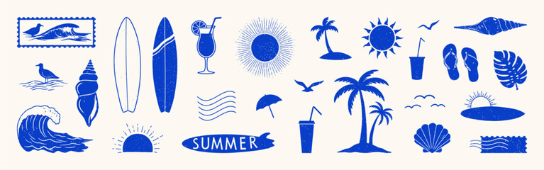 Summer hand drawn collection. Surf, tropical vacation set.
