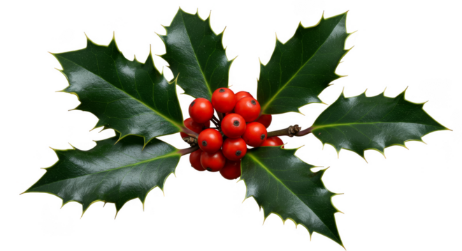 Isolated Holly Berry Sprig Illustration With Red Berries and Green Leaves
