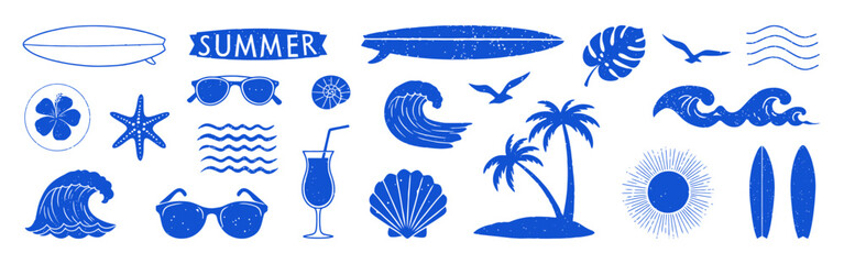Summer hand drawn collection. Surf, tropical vacation set.